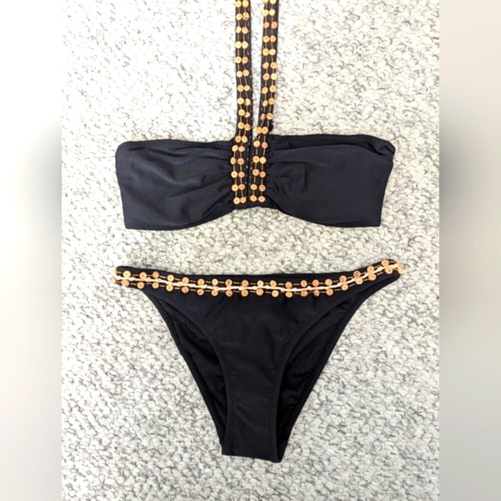 Womens (Size Medium) Black Tube Top Bikini With Shell Buttons & Gold Accents